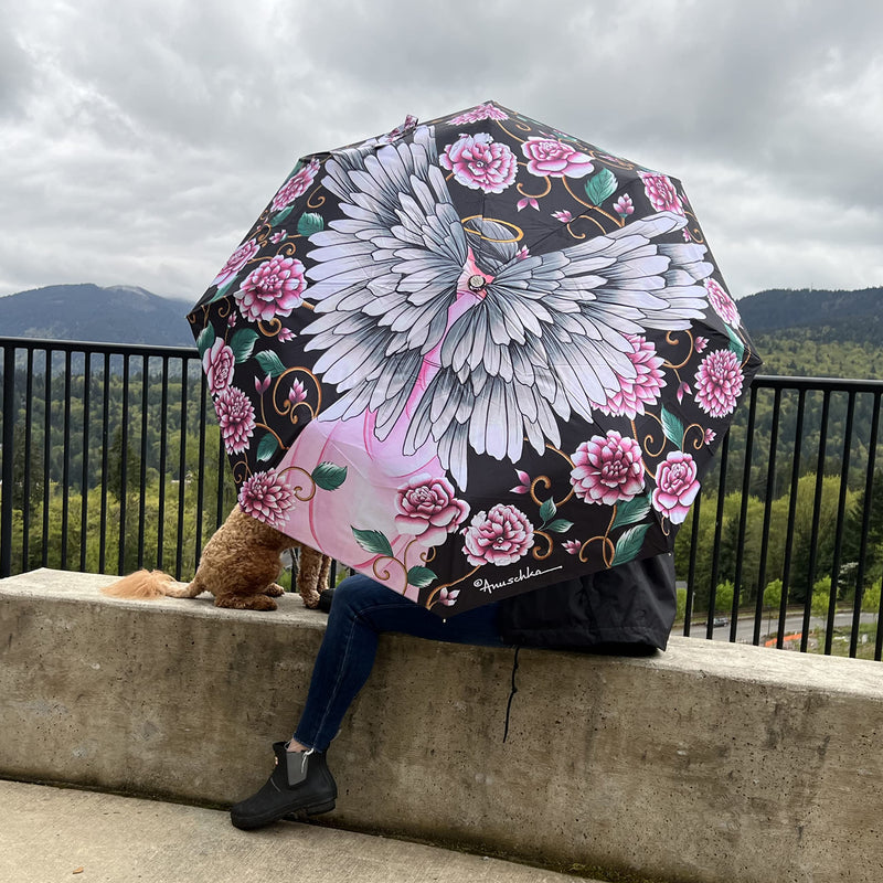 Anuschka Women’s Printed Umbrella – Foldable Umbrella with Automatic Open & Close Button - 3100 Guardian Angel Black