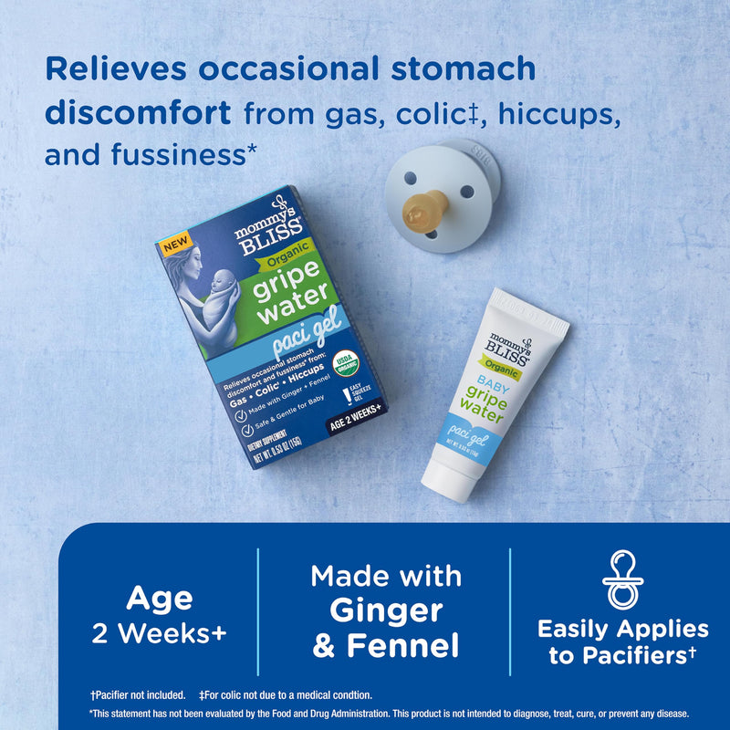 [Australia] - Mommy's Bliss Organic Gripe Water Pacifier Gel for Newborns, Relieves Occasional Stomach Discomfort from Gas, Colic & Fussiness*, Age 2 Weeks +, 0.53 Oz (45 Servings) Organic Gripe Water Gel 
