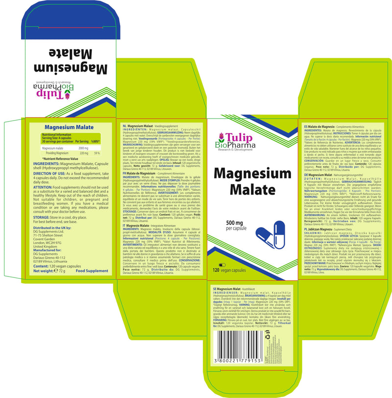 Tulip BioPharma Magnesium Malate 2,000mg | 120 Vegan Capsules | 1-Month Supply | Bioavailable Daytime Magnesium with Malic Acid, No Fillers | 3rd Party Lab Tested