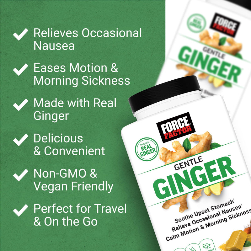 Force Factor Gentle Ginger Chews for Nausea Relief | Motion Sickness & Morning Sickness, Vitamin B6 for Digestive Support, Ginger Supplement, Honey-Lemon Ginger Flavor, 60 Chews