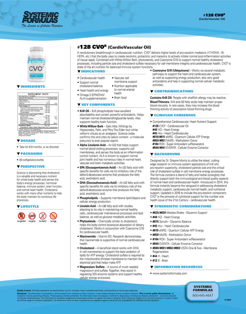 [Australia] - Systemic Formulas 128 CVO-R Cardiovascular Oil, 60 Softgels. Coenzyme Q10 + Krill Oil + Triglyceride Fish Oil + phytosterols. Excellent Source of EPA and DHA. 