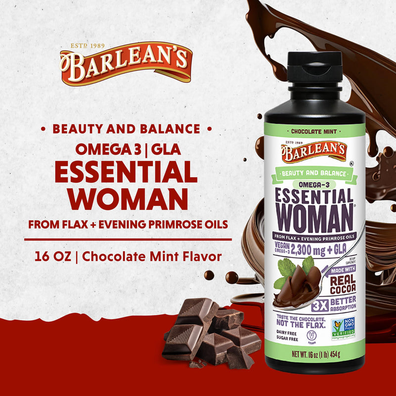 [Australia] - Barlean's Essential Woman Chocolate Mint Liquid Supplement from Flaxseed, Evening Primrose Oil & Soy Isoflavones, Omega 3 6 9 and GLA, Hormonal Balance & Healthy Hair and Skin, 16 oz Chocolate Mint - 16 oz 