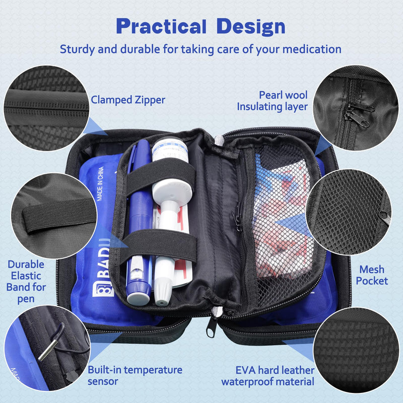 [Australia] - Insulin Cooler Travel Case TSA Approved Diabetic Medicine Cooling Bag with Digital Temperature Display, 2 Ice Pack Blue 