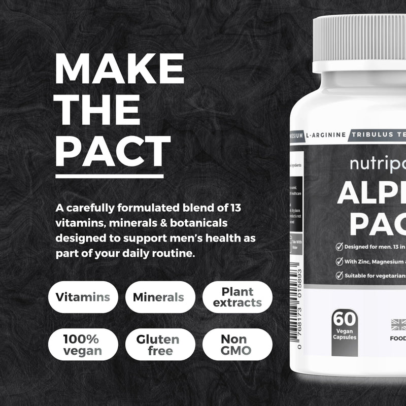Testosterone Support for Men - Alpha Pact by Nutripact with Tribulus Terrestris, Ashwagandha, Maca, Zinc, Boron, Magnesium – 60 Vegan Capsules - Testosterone Supplements for Performance & Vitality