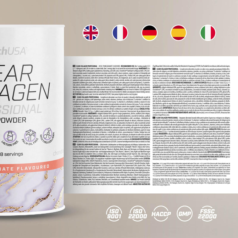 BioTechUSA Clear Collagen Professional, Flavoured Drink Powder containing hydrolysed Collagen, hyaluronic Acid, Amino acids, Vitamins, Minerals, 350 g, Rose & Pomegranate