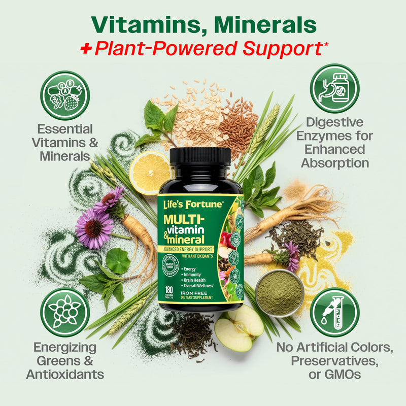 Life's Fortune Whole Food Multivitamin & Mineral Supplement for Men & Women – Energy Support Vitamins for Immune, Brain & Metabolism Support – Iron Free, 180 Vegetarian Tablets 180 Count (Pack of 1)