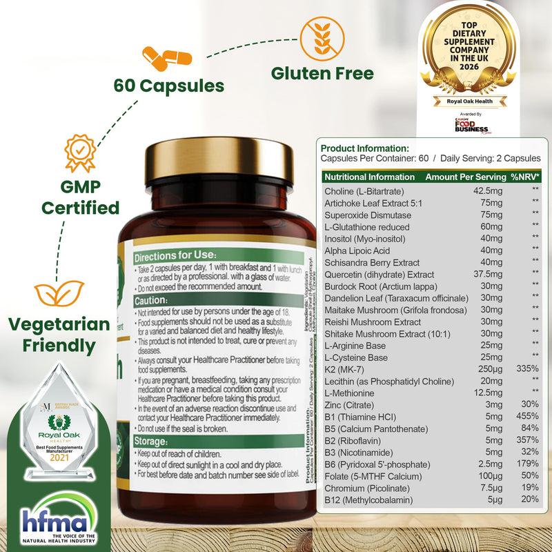 Liver Health Complex | 27 Active Ingredients with Artichoke 5:1, SOD, Reduced Glutathione, Alpha Lipoic Acid, Quercetin, Mushroom Complex, Zinc, Chromium & Active B Vitamins | UK Made