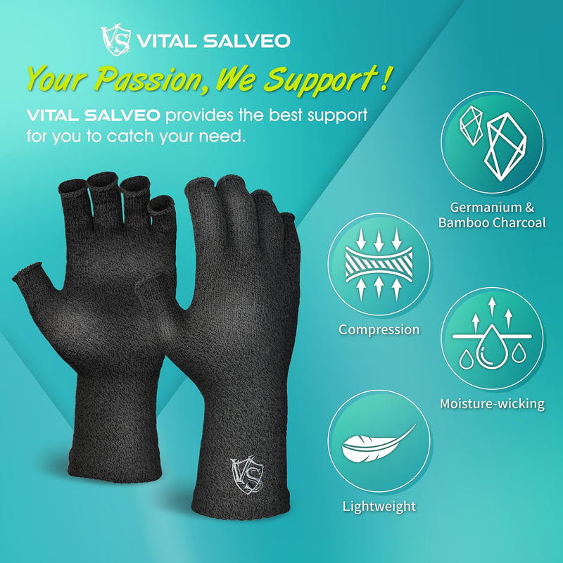 [Australia] - VITAL SALVEO Fingerless Recovery Gloves Stretchy Hands Office Unisex Half Finger Typing Texting Circulation Gloves (Pair) Dark Grey Large 