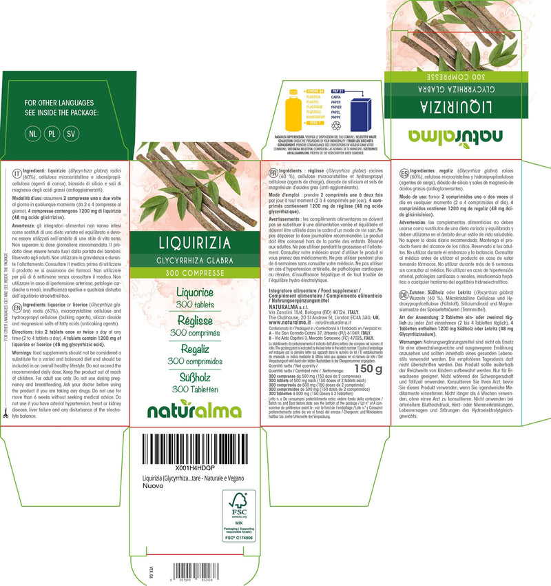 Liquorice or Licorice (Glycyrrhiza glabra) Roots Naturalma - 150 g - 300 Tablets - Food Supplement - Natural and Vegan