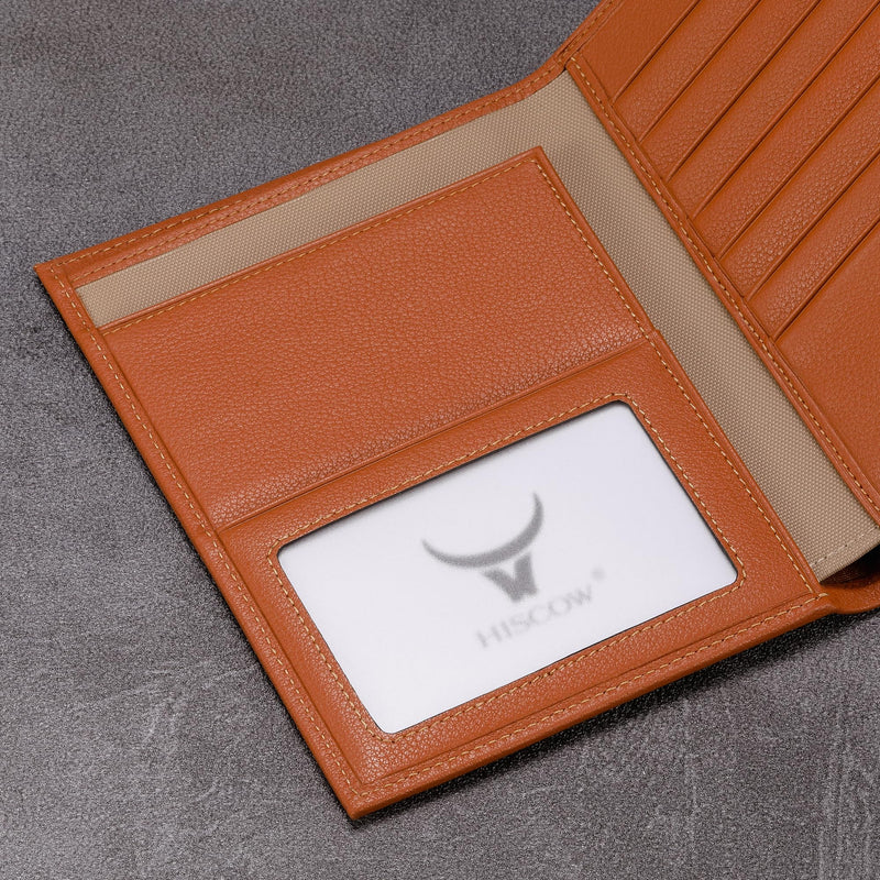 HISCOW Leather Passport Holder for Travel, Bifold Wallet, Tan | Full grain cowhide, RFID blocking, 7 card slots, cash compartment, frosted ID window, travel essentials, premium gift box