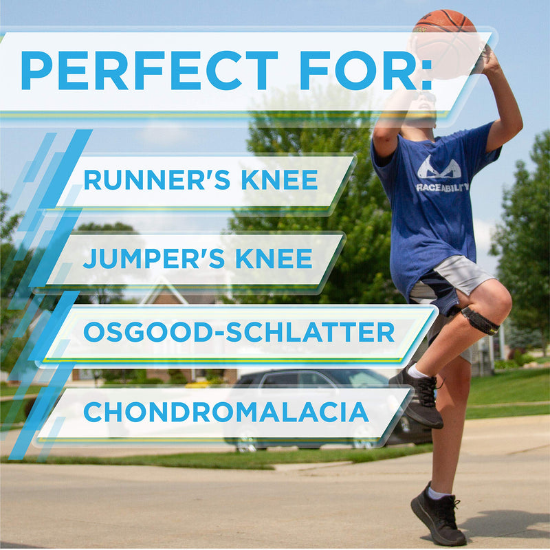 BraceAbility Kids Knee Band - Youth Patellar Tendon Support Strap Child Osgood Schlatter Brace for Jumpers Knee, Patella Tendonitis, Sports Wrap for Running, Soccer, Volleyball, Basketball (M) Medium