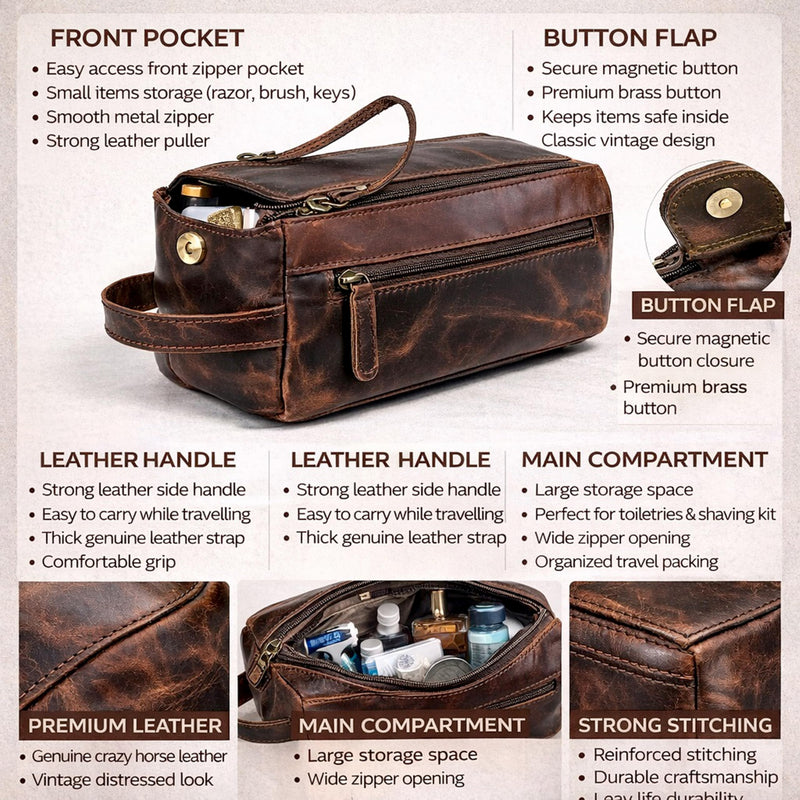 cuero Genuine Buffalo Leather Unisex Toiletry Bag Travel Leather Dopp Kit Made With High Class Buffalo Leather Brown
