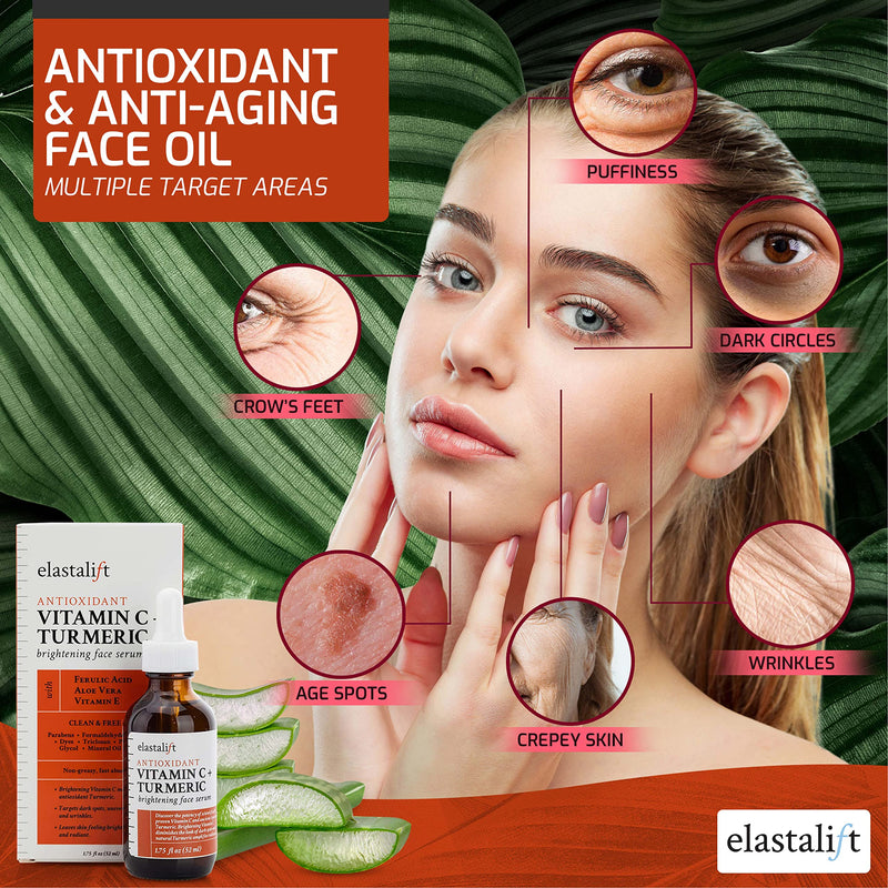 Elastalift Concentrated Vitamin C + Turmeric Oil Anti Aging Facial Serum Skin Care Booster - Promote Clear & Brighten Tone - Hydrate Dry Skin, Fight Redness, Restore Strength - 1.75 Fl Oz 1.75 Fl Oz (Pack of 1) Vitamin C + Turmeric Face Serum