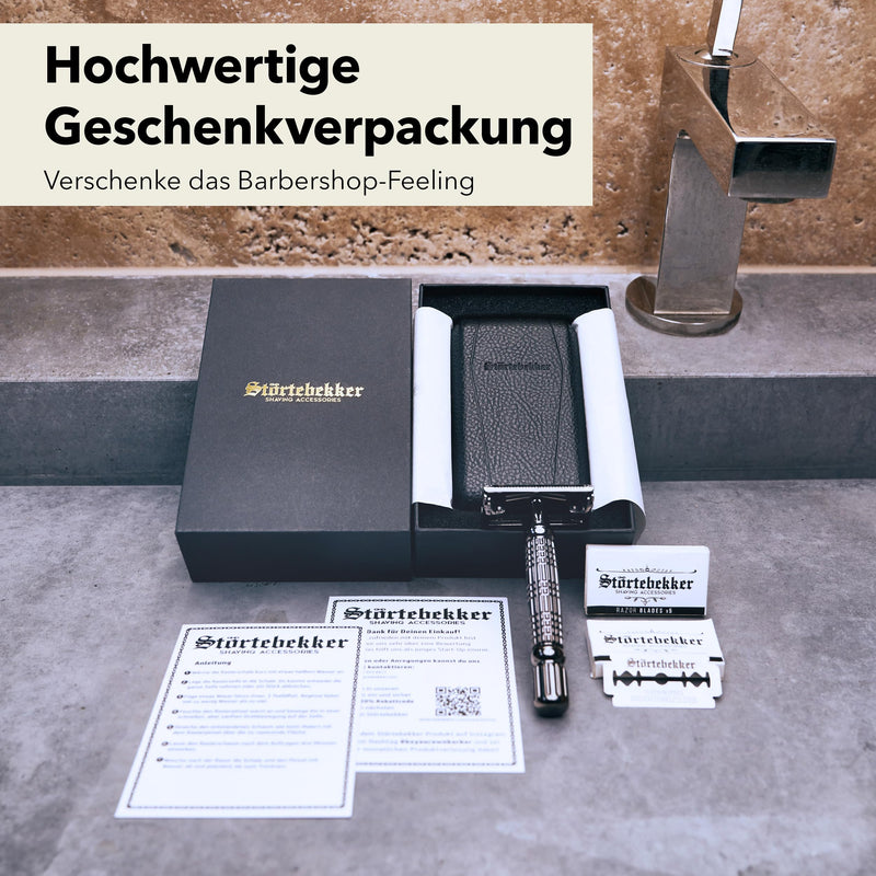 [Australia] - Störtebekker® Premium safety razor 'Hamburg' in a handmade leather case - *TESTS WINNER* Stiftung Warentest (12/2024) - Shaving set with 10 razor blades, travel case & built-in mirror - wet razor black - black 
