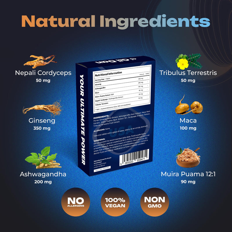 GliDan – 10 Dark Blue Stamina & Energy Tablets for Men | USA Herbal Formula with Korean Ginseng | Supports Performance & Confidence | Made in The UK