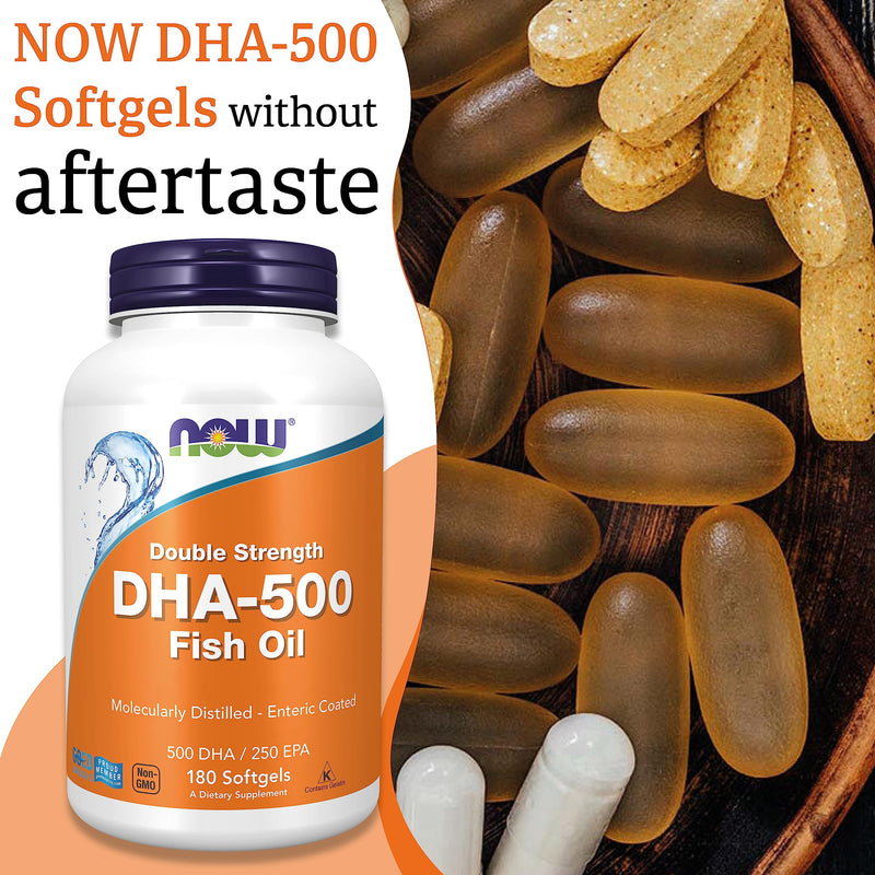 Now Foods, DHA-500, Double Strength, 180 Softgels, Lab-Tested, Fish Oil, EPA, Vitamin E, Gluten Free, Non GMO