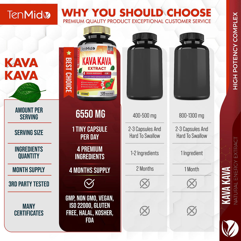 [Australia] - Kava Kava Supplement Extract Capsules 6550mg, 4 Months Supply with Ginkgo, Ashwagandha, Valerian- Relaxation Supports Supplement- 120 Vegan Capsules 