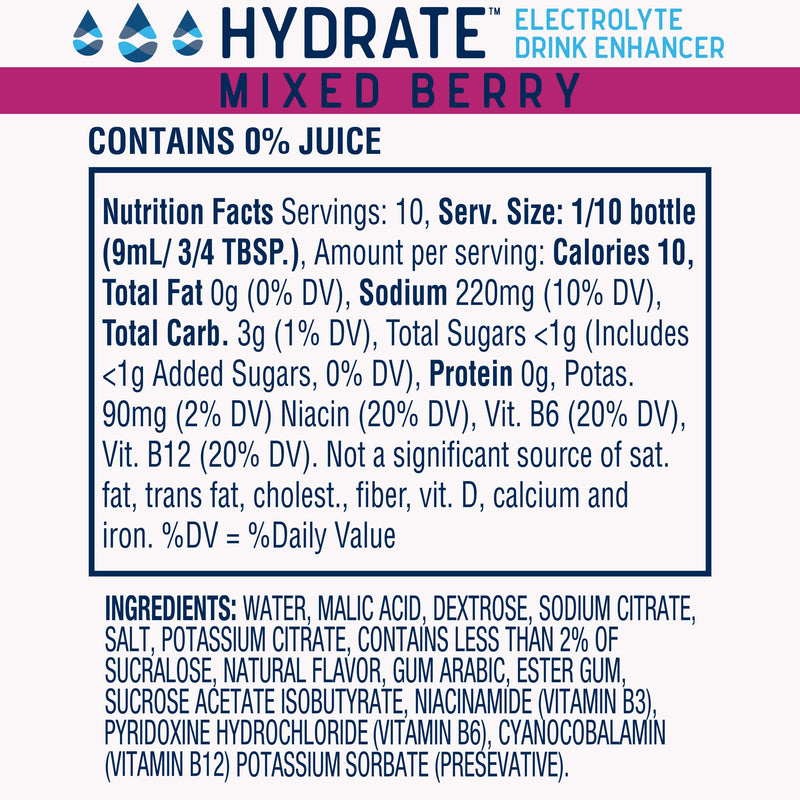 hydrate Electrolyte Liquid Drink Enhancer Drops, Low Sugar, Low Calorie, Natural Flavor Hydration Mix with Essential Vitamins B3 B6 B12 (6.22 Fl Oz (Pack of2), Mixed Berry) 3.11 Fl Oz (Pack of 2)
