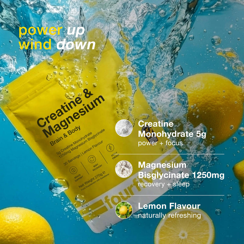 fourfive Creatine & Magnesium Powder (Creatine Monohydrate) Easy Dissolve & Vegan with Lemon Flavour, Strength Power & Recovery - 270g Pouch (30 Servings)