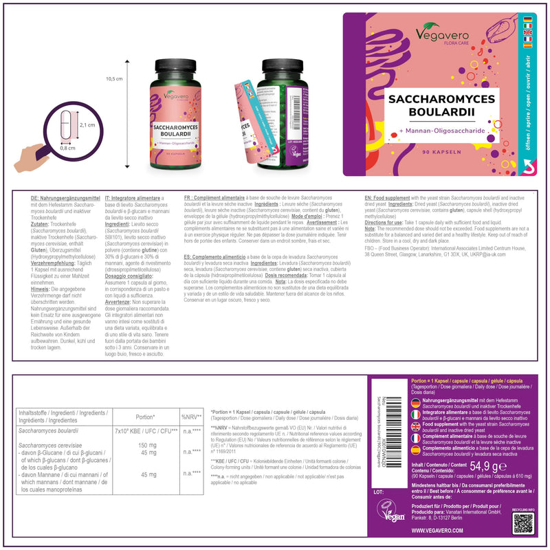 [Australia] - Saccharomyces boulardii Vegavero® | High dosage: 350 mg per unit - 7 billion active yeast cultures | With beta glucans and MOS from brewer's yeast | Vegan & No Additives | German production | 90 capsules 