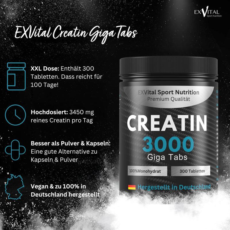 [Australia] - Creatine 3000 Giga Tabs, 3450mg creatine monohydrate per daily dose, 300 vegan tablets, alternative to creatine capsules & powder, training, sport, fitness 