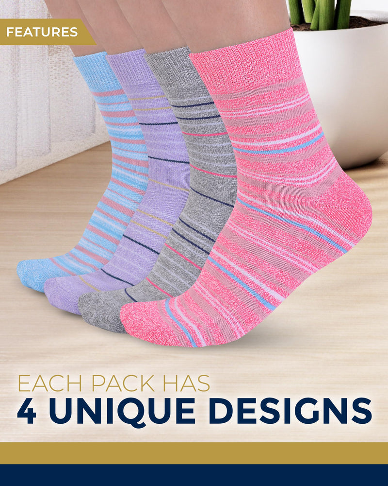 Pembrook Diabetic Socks for Women & Men - 4 Pairs Ankle Bamboo Viscose Socks Woman | Womens Diabetic Socks Size 9-11 Large Grey, Blue, Pink, Purple Stripes