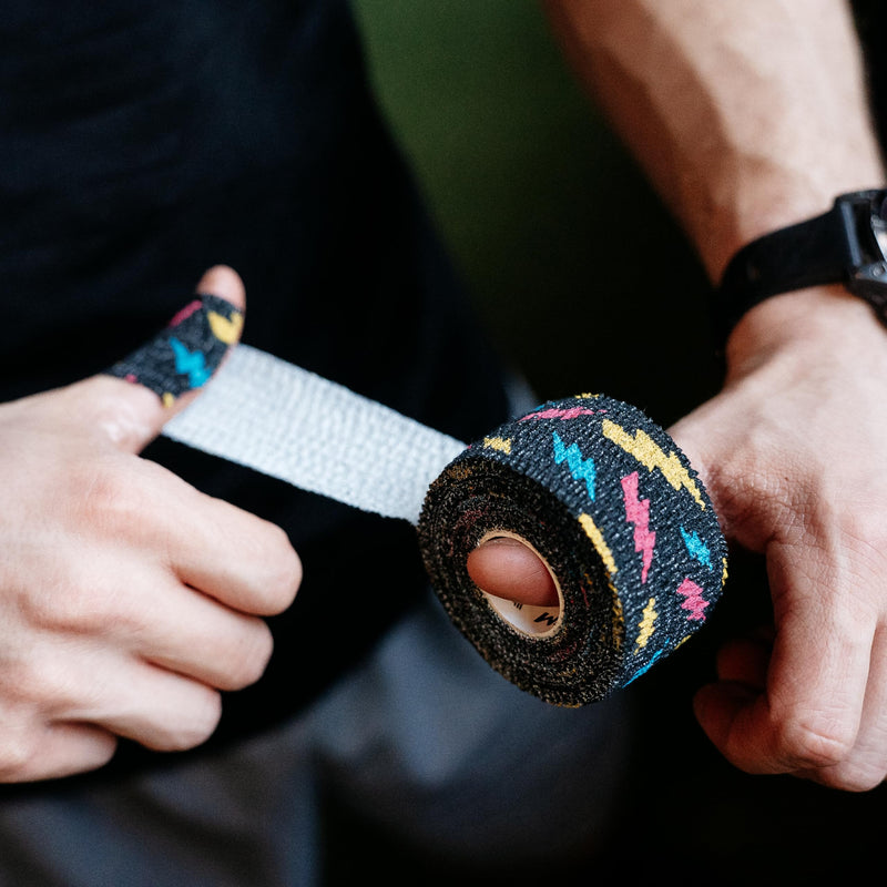 WARM BODY COLD MIND 1.5" Weightlifting Thumb Tape - Hook Grip Tape for Powerlifting, Cross Training, Gym Tape, Workout, Weight Lifting Tape, Athletic Finger Wrap (12 Mix Thunder, 12 Rolls) 12 Mix Thunder