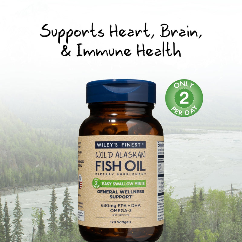 [Australia] - Wiley's Finest Wild Alaskan Fish Oil Easy Swallow Minis - Omega-3 Fish Oil Supplement for Adults and Kids - Double-Strength 630mg EPA and DHA Natural Supplement - 120 Mini Softgels (60 Servings) 120 Count (Pack of 1) 