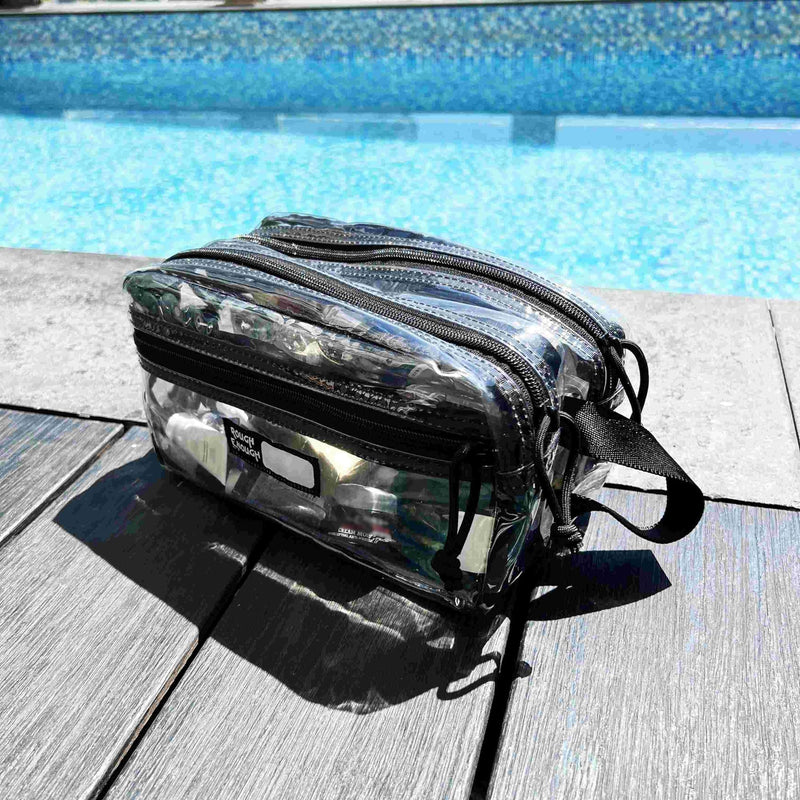 Rough Enough Clear Travel Toiletry Bag for Men Women Traveling Toiletries Essentials Shaving Hygiene Dopp Kit | Dual-Compartment Design, Water-Resistant Thick PVC, YKK Zipper, Fits Full-Size Toiletries & Makeup, with Reinforced Handle