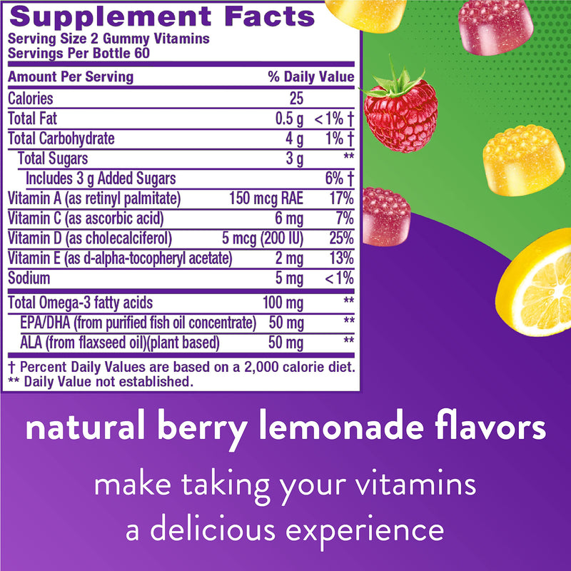 Vitafusion Omega-3 Gummy Vitamins, Berry Lemonade Flavored, Heart Health Vitamins(1) & Chewable Calcium Gummy Vitamins for Bone and Teeth Support, Fruit and Cream Flavored