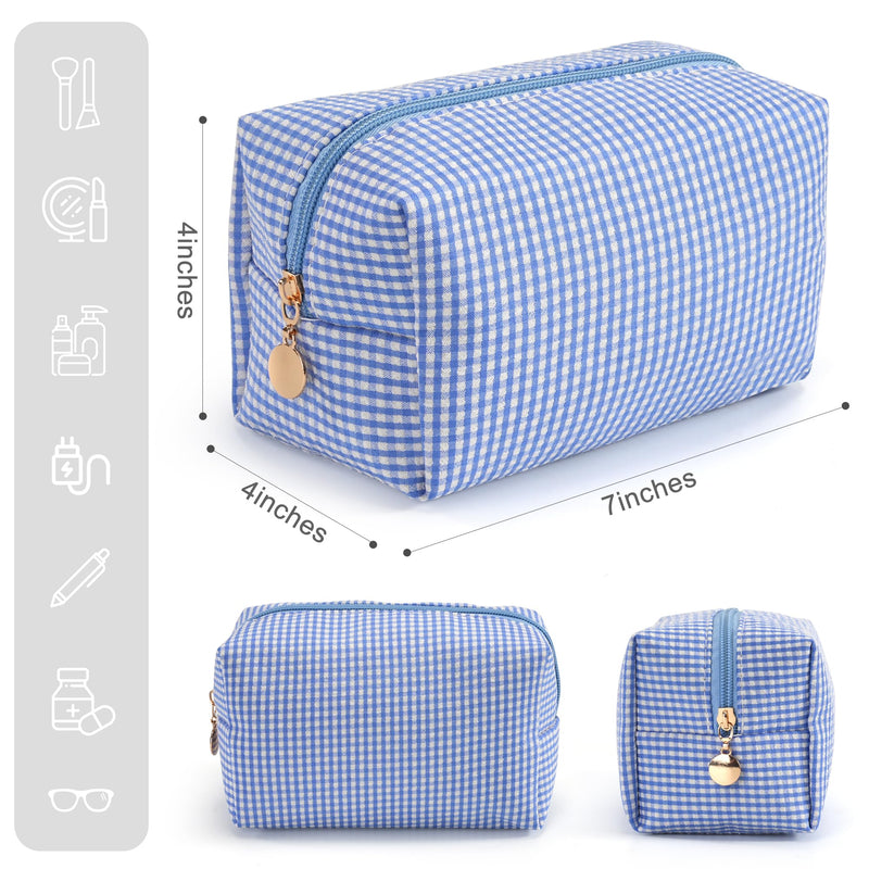 Makeup Bag Set for Women, 6PCS Travel Cosmetic Bags Pencil Case, Checkered Seersucker Toiletry Organizer Pouches, Cute Makeup Pouch for Purse, Accessories and Gifts, Blue Gingham 6