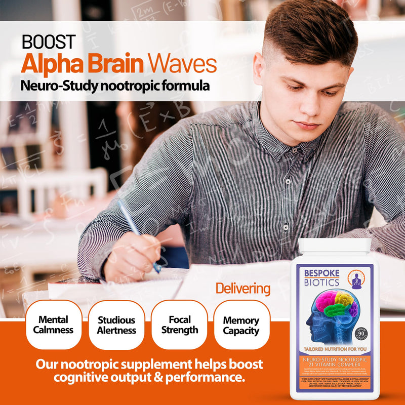 Neuro-Study Nootropic-21 Complex Stack 90 Caps 8hrs+ Brain Memory Focus Mood Natural Brain Concentration| Alpha Wave | Combats Exams Anxiety Stress Brain-Fog Fatigue Tiredness |Latest UK Formulation