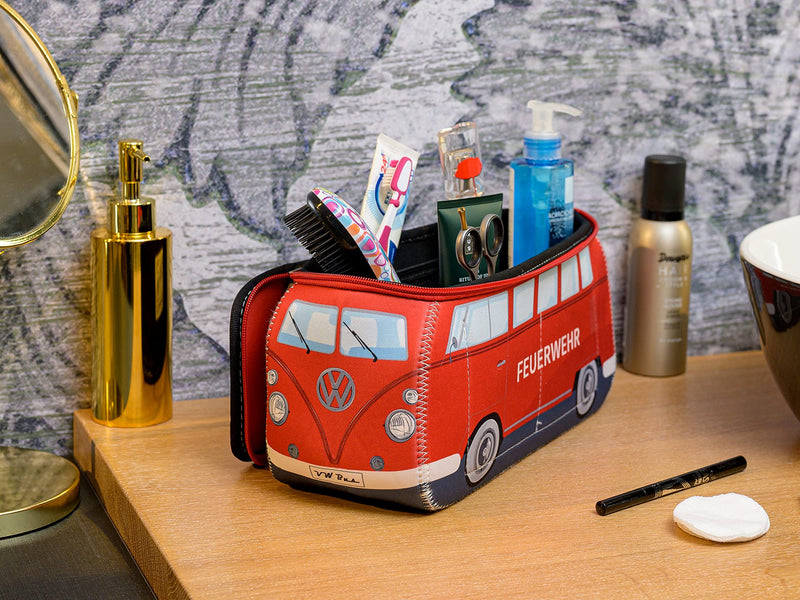 BRISA VW Collection - T1 Bus Camper Toiletry Bag Cosmetic Case | Volkswagen Toiletry Bag Cosmetic Case, Water-Repellent, Hanging Hook, 4 Mesh Pockets, Travel, Neoprene, Fire Engine/Red Large Large (11.8 X 5.5 X 4.7 Inches)