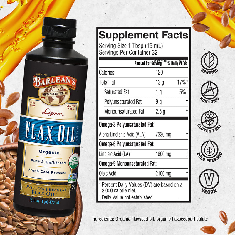 [Australia] - Barlean's Lignan Flaxseed Oil from Cold-Pressed Flaxseeds - 7,230 mg ALA Omega-3 Fatty Acids for Improving Heart Health - Vegan, USDA Organic, Non-GMO, Gluten-Free - 16 oz Lignan Flax Oil - 16 oz 