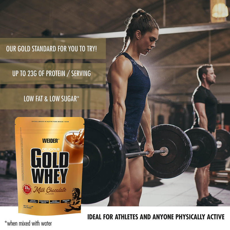 Weider Gold Whey (500g) Milk Chocolate Flavour. Ultrafiltrated Proteins from 100% Whey Protein Concentrate, 23g Protein/Serving, Low Fat, Low Sugar, Delicious, Extra Creamy Texture, Aspartme Free
