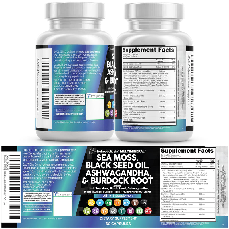 Clean Nutraceuticals Sea Moss Black Seed Oil Ashwagandha Turmeric Bladderwrack Burdock & Vitamin C Vitamin D3 with Elderberry Manuka Dandelion Yellow Dock Iodine Chlorophyll ACV 60 Count (Pack of 1)