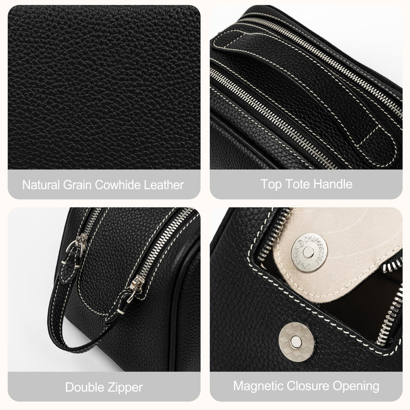 DORIS&JACKY Genuine Leather Toiletry Bag for Women and Men, Large Travel Handmade Makeup Case and Cosmetic Accessories Organizer Zipper Pouch with Carry Handle (1-Black) 1-Black