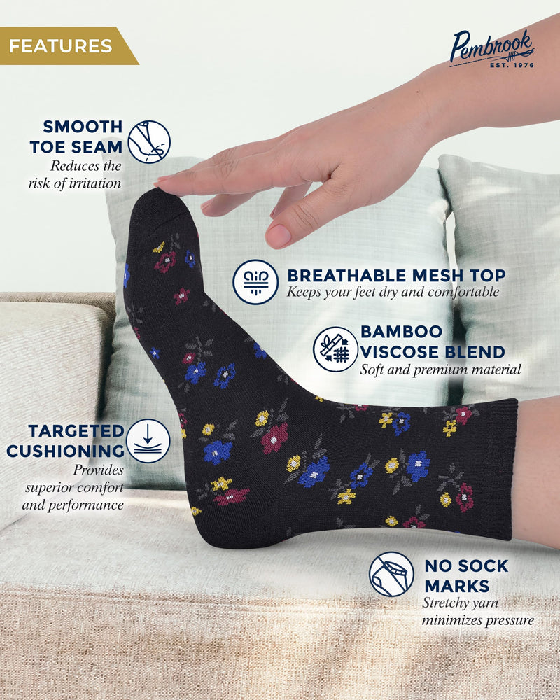 [Australia] - Pembrook Ankle Diabetic Socks for Women & Men - 4 Pairs Flowers, Moisture-Wicking Non Binding Socks Women, Neuropathy and Edema, Stretchy Wide Top Large Flowers Set 1 - 4 Pairs 