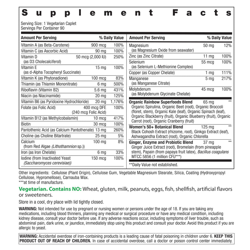 Rainbow Light Womens One + Multivitamin 50 Plus | 90 Caplets | Supports Menopause | Real Food Nutrients, Digestive Enzymes & Probiotics 90 Count (Pack of 1)