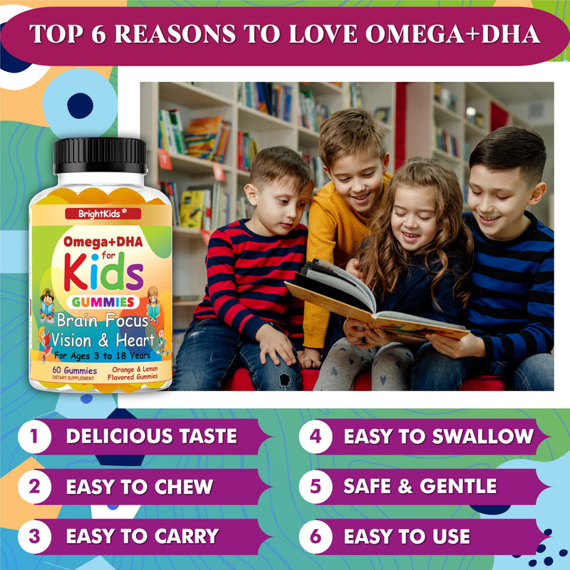 BrightKids Omega DHA Gummies for Kids & Teen, Children's DHA, Vegan Omega 3 Supplement, Brain Supplements with Vegan Omega 3 DHA - (60 Gummies)