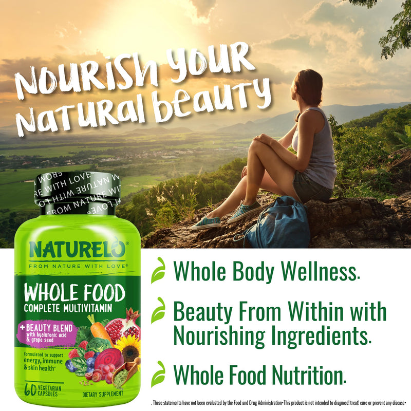 NATURELO Whole Food Multivitamin with Extra Hair, Skin and Nails Support - Beauty Blend with Hyaluronic Acid & Grape Seed - High Potency Biotin, Vitamin C, and Glutathione - 60 Vegan Capsules Unflavored 60 Count (Pack of 1)