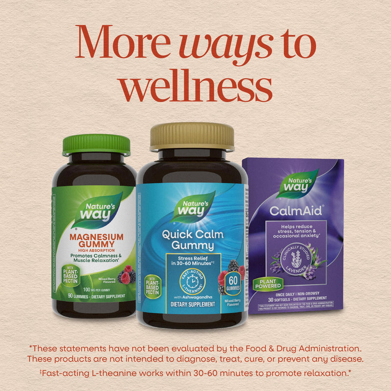 Nature's Way Quick Calm Gummies with L-Theanine*, Wild Berry, 60 ct | Fast-Acting Stress Relief Within 30-60 Minutes*(1), with Ashwagandha, Vegetarian, Mixed Berry Flavored, 60 Gummies
