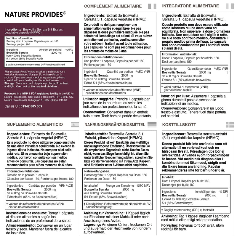 Nature Provides Boswellia Serrata Capsules 2000mg 5:1 Extract - 180 Vegan Caps - 6 Months Supply - 65% Boswellic Acid - Joint Support Supplement - Indian Frankincense