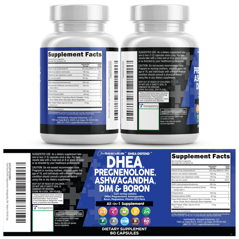DHEA 200mg Supplement Pregnenolone 100mg for Men & Women with DIM Ashwagandha Boron 6mg Complex Calcium Magnesium Zinc 50mg Vitamin D3 5000 IU Hormone Support Capsules Pills Made in USA 60 Count