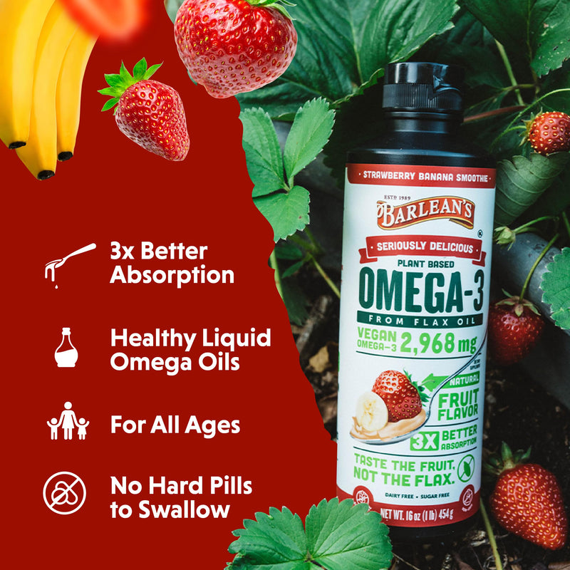 [Australia] - Barlean's Strawberry Banana Omega 3 Liquid Flaxseed Oil with 2,968 mg Vegan Omegas 3 6 9, Smoothie Supplements for Kids & Adults from Cold Pressed Flax Seed Oil, Non-GMO & Gluten Free, 16 oz Strawberry Banana Smoothie 1 Pound (Pack of 1) 