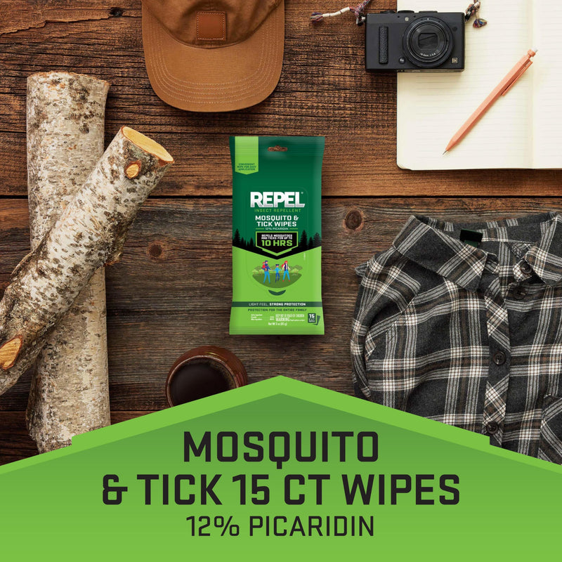 [Australia] - Repel Insect Repellent Mosquito & Tick Wipes 12% Picaridin, Repels Mosquitoes and Ticks for Up to 10 Hours in A Convenient Travel Wipe for Whole-Family Mosquito and Tick Protection,15 Count, 3 Ounces 