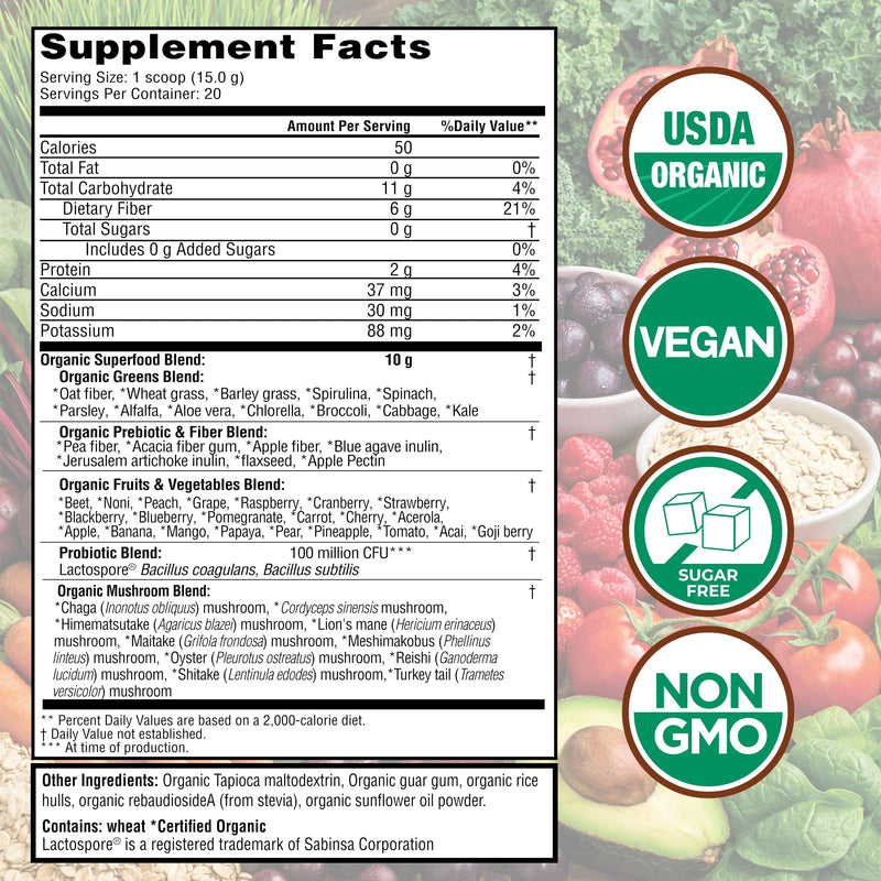 Country Farms Organic Super Greens Powder, 50 Organic Superfoods, Daily Greens Drink Mix with Fruits, Vegetables, Fiber, Probiotics & Mushrooms, Supports Energy, Gut Health & Digestion, Natural Flavor 1 Count (Pack of 1)