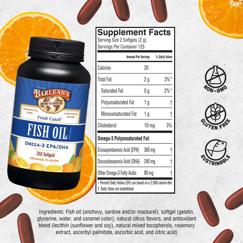 [Australia] - Barlean's Omega 3 Fish Oil Supplements, 600mg Fish Oil Pills with EPA & DHA, Softgels for Joint, Brain, & Heart Health, Orange Flavored, 250 Count Orange Flavor - 250 Softgels 