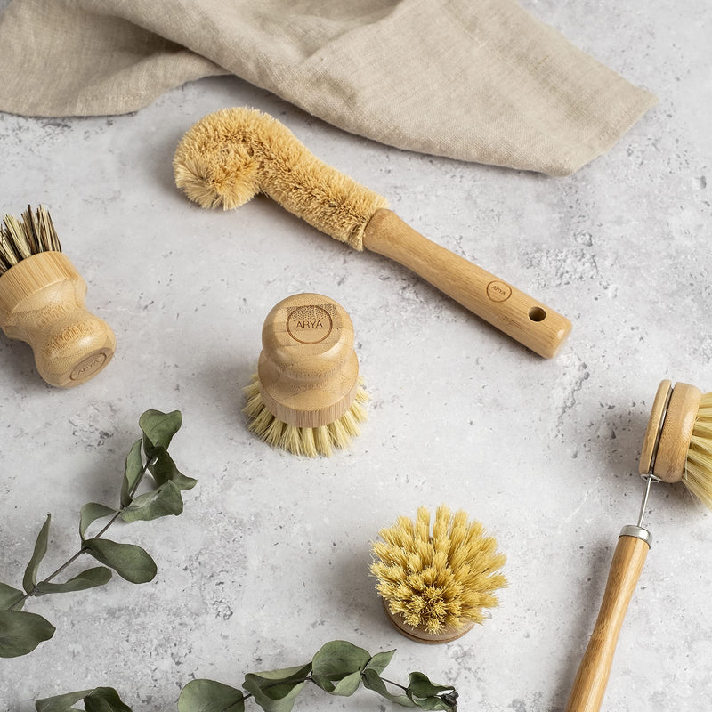 [Australia] - ARYA. Wooden Dish Brush Set | 4 Kitchen Washing Up Brushes & One Replacement Head | Bamboo & Natural Fibers | Eco Friendly Wooden Pot Brush Scourer Scrubber Sponge Alternative 