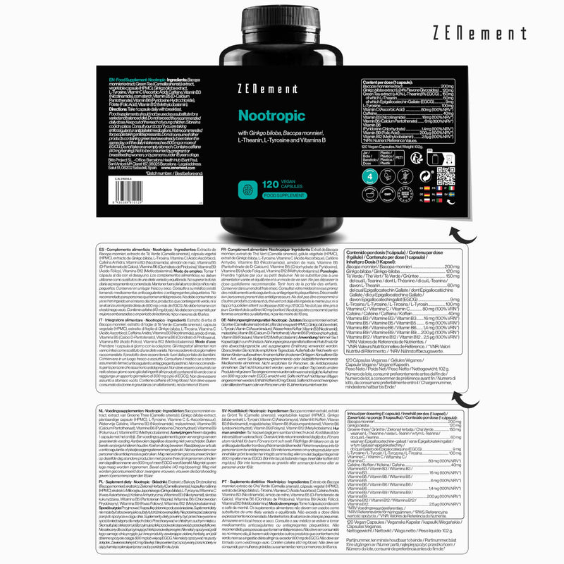 Nootropic, with Ginkgo biloba, Bacopa monnieri, L-Theanin, L-Tyrosine and Vitamins B, 120 Vegan Capsules | Memory, Concentration, Clear Thinking | Vegan, Additive Free, Allergen Free | Zenement